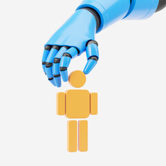 Robot arm holding a cartoon human figure, machine control