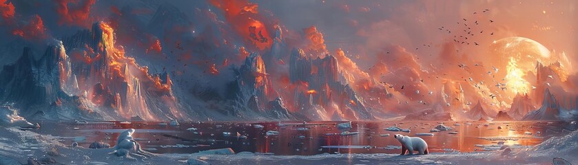 An epic fantasy landscape painting of a frozen wasteland with two polar bears in the foreground