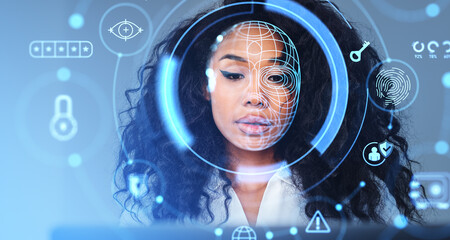 Black businesswoman and biometric scanning, face id digital hologram