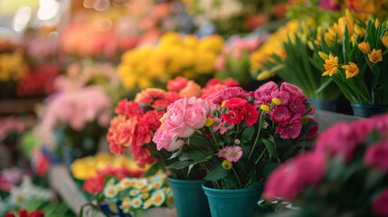 Bright and colorful flower bouquets displayed in buckets at a busy local flower market.