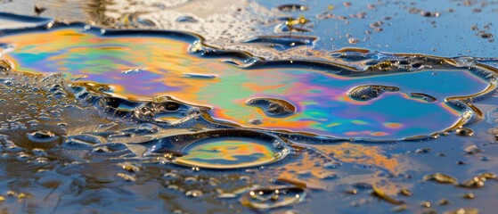 Chemical oil spill with iridescent sheen on water surface