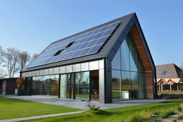 A modern house with solar panels on the roof, made of metal and glass, stands in front of green grass. The exterior has a triangular shape with large windows - Powered by Adobe