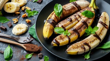   A plate with bananas, chocolate drizzle, a banana peel, and a wooden spoon