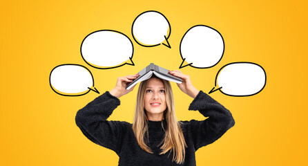 Woman with a book on her head surrounded by empty speech bubbles