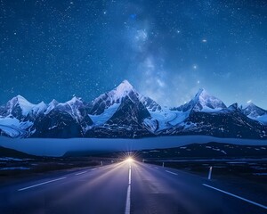 A long road leading to the distance, snow-covered mountains under a starry sky