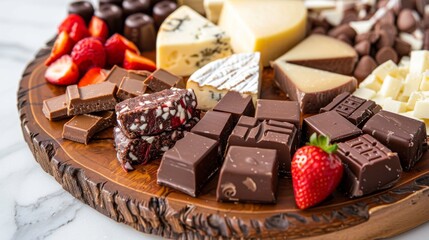 A wooden board filled with different types of cheese and chocolate.