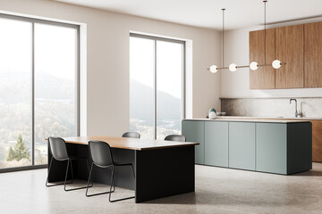 White and gray kitchen corner with island and dining table