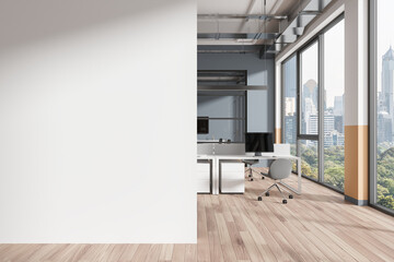 Office interior with coworking and meeting space, panoramic window. Mock up wall