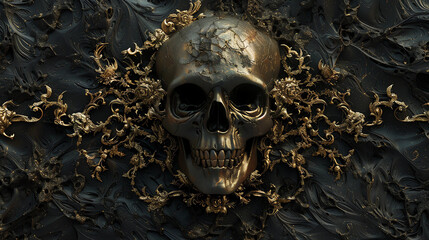 Macabre Backdrop Featuring a Golden Human Skull Emerging From a Black Wall Covered With Vines