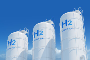 Large storage tanks with H2 and HYDROGEN labels on a blue sky background, representing hydrogen energy storage concept. 3D Rendering