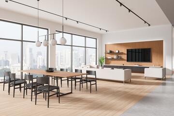 Modern living room interior with furniture, large windows overlooking the city, on a bright day, concept of urban lifestyle, 3D Rendering