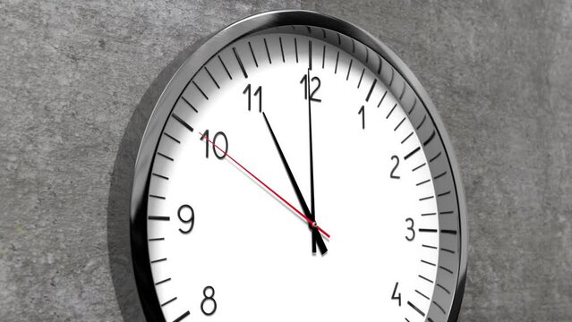 Classic clock on conrete wall - 11 o clock - 3D 4k animation (3840 x 2160 px)