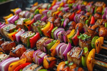 Skewered SuccessA variety of colorful kebabs filled with vegetables, meat, and seafood are grilled to perfection