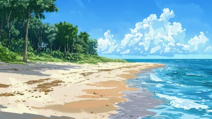 Beautiful Beach With Sand And Sea In The Background, Inviting Relaxation And Escape, Evoking Feelings Of Freedom And Tranquility, Cartoon Background