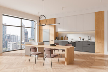 Modern home kitchen interior bar island and cooking cabinet, panoramic window