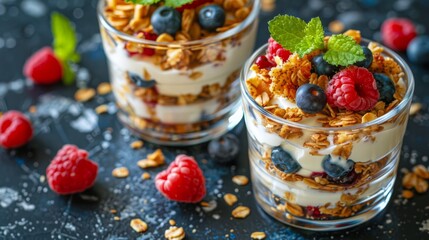   Two glasses of yogurt topped with granola, raspberries, blueberries, and a few more raspberries