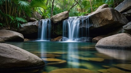 Naklejka premium Tranquil indoor waterfall with lush greenery and smooth stones