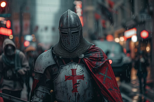 Medieval knight in armor walking down a modern street, juxtaposition