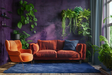 A modern living room with a burgundy sofa, an orange armchair and green plants on the wall. The walls are purple, the carpet is blue, and there is a wooden floor and a window letting in natural light