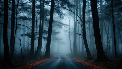 Fototapeta premium Foggy forest road under moonlight evoking a haunting atmosphere