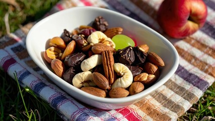 Bowl of colorful trail mix with nuts and dried fruit outdoors