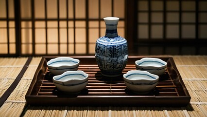Traditional Japanese sake set on bamboo mat for cultural event