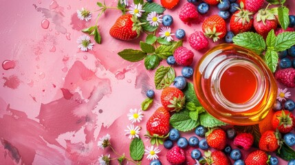  A bottle of tea sits amongst strawberries and raspberries on a pink backdrop Daisies decorate the...