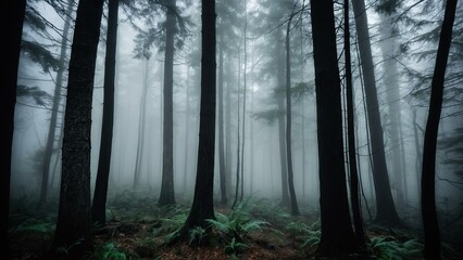 Fototapeta premium Mysterious fog enveloped forest with towering trees