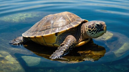 Fototapeta premium Close up of a tranquil turtle with a patterned shell in water