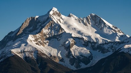 Snow covered mountain peaks against a clear blue sky