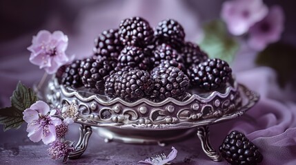   A table holds a bowl overflowing with blackberries Nearby, pink flowers bloom and a purple cloth drapes beside them