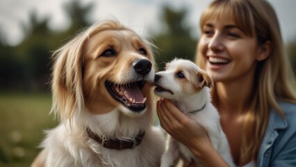 Happy friends dog and woman. Cute funny friends. focus on the face of a woman, muzzle of dog in defocus. Happy exited portrait of blonde dog owner girl and her adorable Jack Russell terrier pet