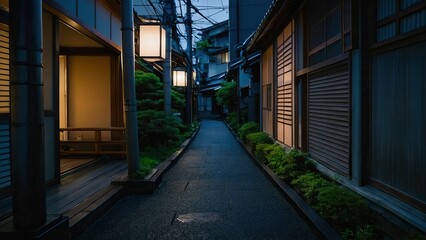 Evening view of a serene Japanese style street under a dark sky