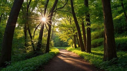 Fototapeta premium Sunlit pathway winding through vibrant green forest