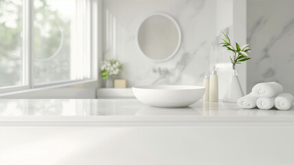 Clean white marble bathroom with washbasin, faucet, and towel