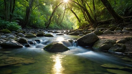 Serene stream flows through a sun dappled forest