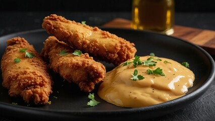 Golden brown crispy chicken tenders on a plate with sauce