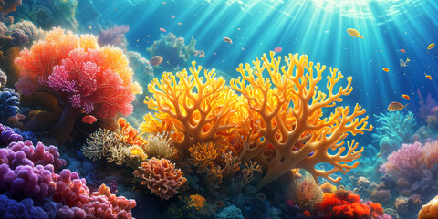 A vibrant underwater scene, featuring a coral reef teeming with colorful marine life and surrounded by a sunlit sky.
