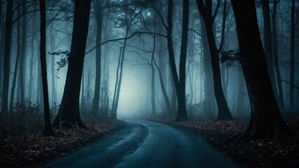 Naklejka premium Foggy forest road under moonlight evoking a haunting atmosphere