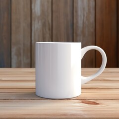 Minimalist style white coffee mug on a light wood desk, blank for customization, in a warm, stylish setting.