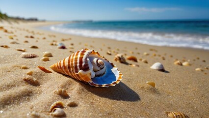 Colorful seashells scattered on sandy beach
