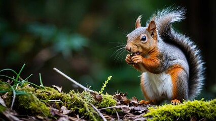 Playful squirrel with bright eyes nibbles in the forest