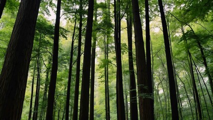 Fototapeta premium Verdant trees sway under soft light in a serene forest