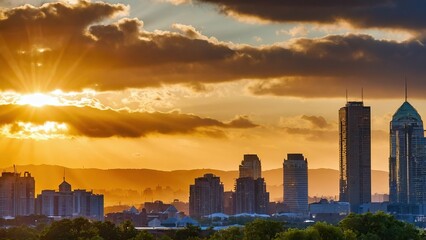 Fototapeta premium Warm golden hour sunlight over an urban skyline at sunset
