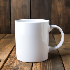 Fototapeta premium Stylish white coffee mug on a rustic wood surface, blank for custom text, with a warm, inviting atmosphere.