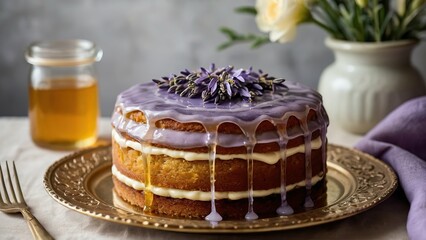 Elegant lavender honey cake on a plate with a jar of honey