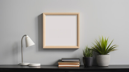 Frame mockup on a light grey wall in a minimalist styled room, accented by a small, stylish shelf,