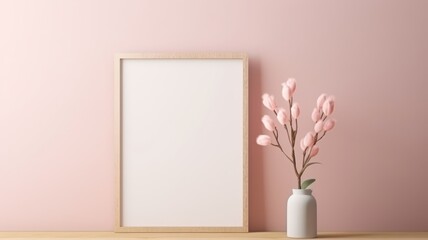 Frame mockup in a minimalist setting, on a pastel-colored wall, emphasizing space and light,