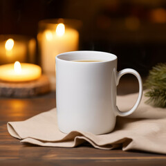 Elegant white coffee mug mockup with a blank template, styled in a cozy cafe setting with warm lighting.