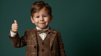 Cheerful young boy in a vintage suit gives a thumbs up against a teal backdrop